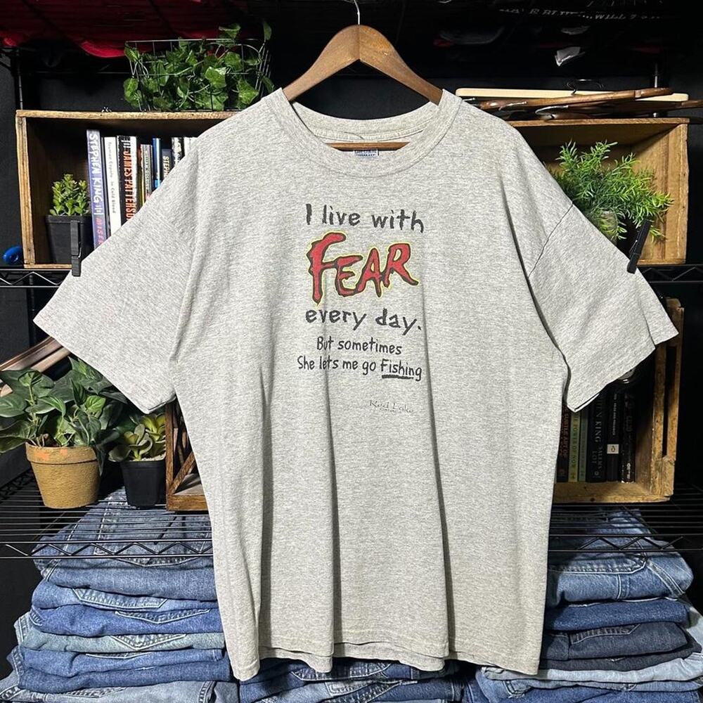 Vintage Y2K Funny Wife Comedy Joke Tee Mens XL Grey Text Humor Fishing Shirt